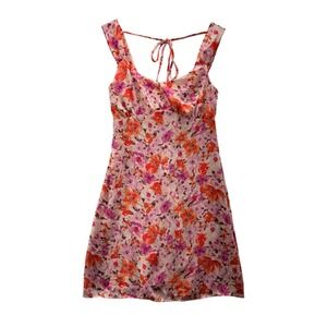 Womens Floral Pink Orange Tie Back Mini Dress‎ Size Small Cottagecore Boho